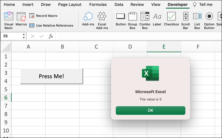 A Microsoft Excel worksheet with a button with the text "Press me!" and a pop-up window where the Step value has been set to five.