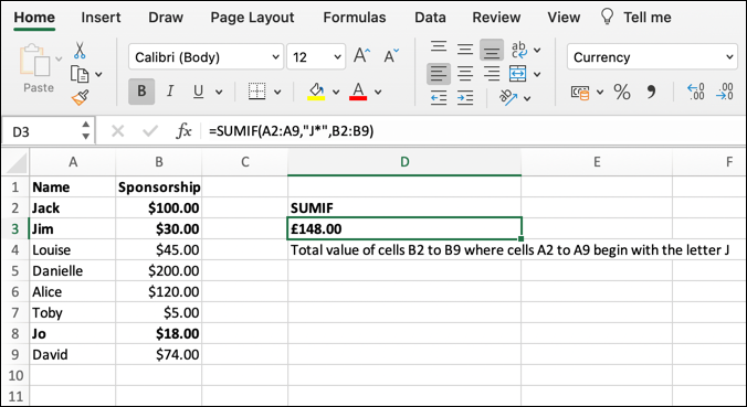 A screenshot taking from Microsoft Excel showing the SUMIF function in action