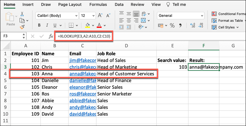 An Excel spreadsheet containing four columns of data: Employee ID, Name, Email, and Job Role. In this example, the XLOOKUP function has been used to locate a particular employee within the data.