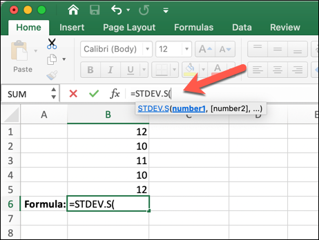 An Excel worksheet with an arrow pointing to the formula bar, where the STDEV.S formula has been entered