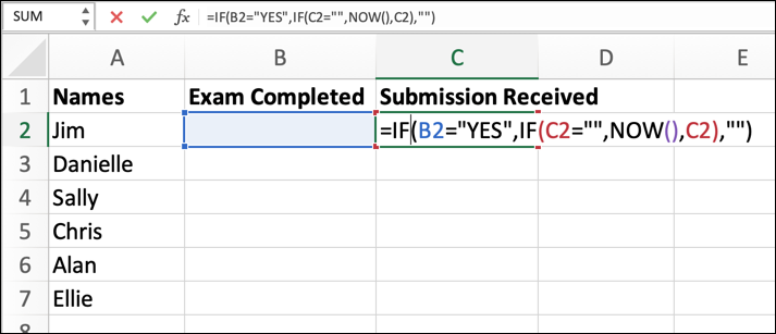An Excel spreadsheet with three column headings: Names, Exam Completed, and Submission Received. The following formula has been entered: =IF(B2="YES",IF(C2="",NOW(),C2),"")