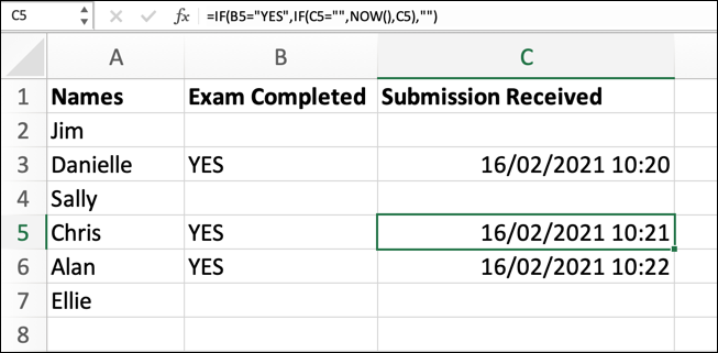 An Excel spreadsheet with three column headings: Names, Exam Completed, and Submission Received. Through the help of a circular reference formula, the value “YES” has been entered into three cells under the “Exam completed” column and, in the respective “submission received” column, dates have been entered.