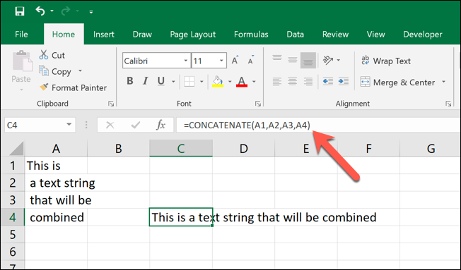 A screen grab from Excel showing a basic CONCATENATE formula in action