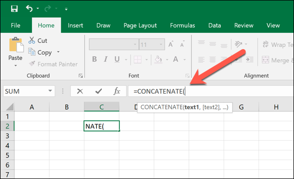 A screen grab of the formula bar in Excel, with the CONCATENATE formula entered