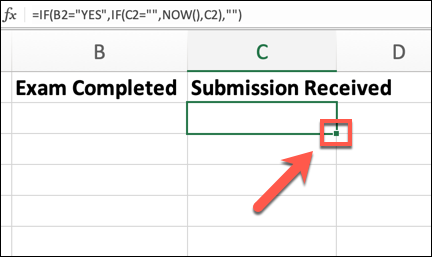 An Excel spreadsheet with the corner of one cell highlighted in order to drag the formula from one cell into following cells.