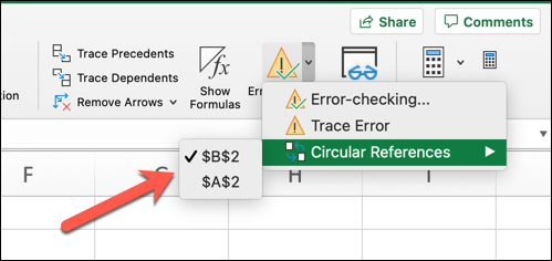 An Excel workbook open on a Mac computer. The error-checking icon has been selected from the toolbar, and the circular references option highlighted in the dropdown menu. A red arrow points to the first circular reference shown by the error-checking function.