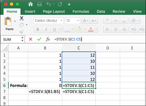 A Microsoft Excel worksheet showing the STDEV function being used