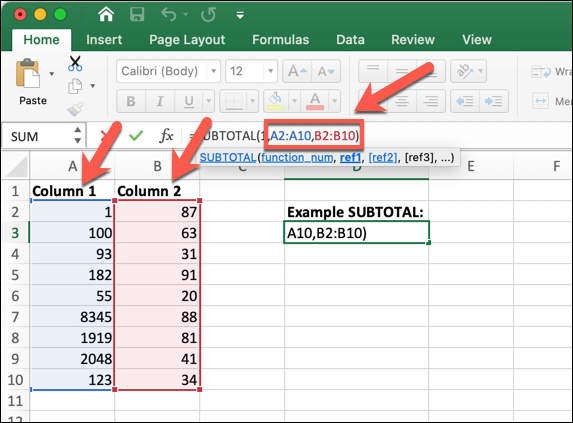 An Excel worksheet showing the SUBTOTAL formula being used to count the number of cells in a specified range