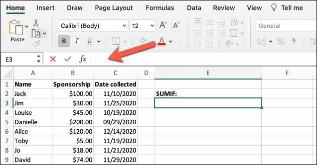 A worksheet in Microsoft Excel with a red arrow pointing to the formula bar