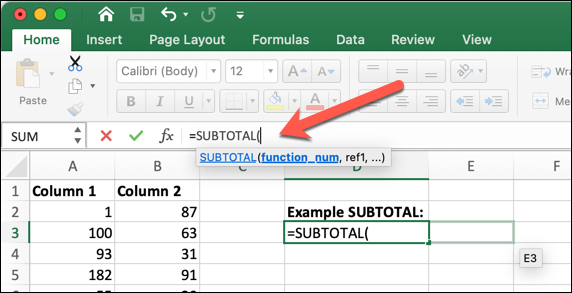 An Excel worksheet with the SUBTOTAL formula typed into the formula bar