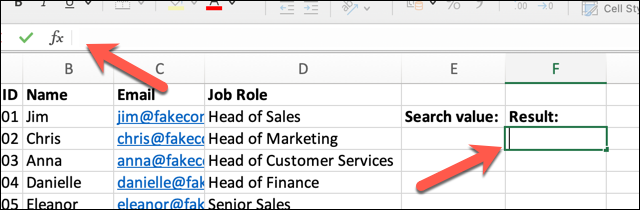 An Excel spreadsheet containing four columns of data: Employee Name, ID, Email Address, and Job Role. An empty cell has been highlighted and the formula ribbon bar selected
