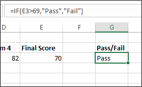 An example of the IF function being used in Excel to determine whether a test score is a pass or fail