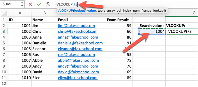 An Excel spreadsheet containing a student class list, with data on student ID numbers, names, email addresses, and their most recent exam results. The VLOOKUP formula has been typed into the formula bar with a specific cell reference.