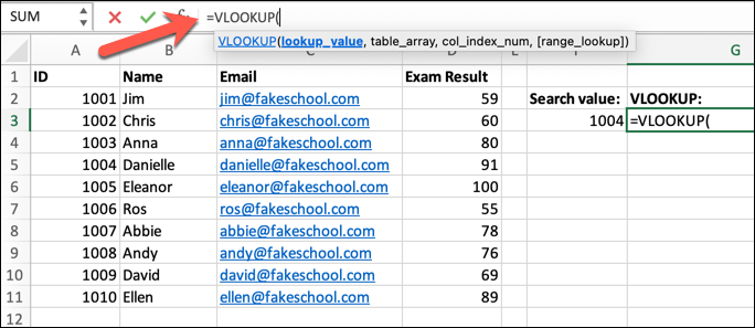 An Excel spreadsheet containing a student class list, with data on student ID numbers, names, email addresses, and their most recent exam results. The VLOOKUP formula has been typed into the formula bar.