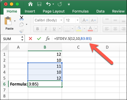 A Microsoft Excel worksheet with =STDEV.S(12,10,B3:B5) typed into the formula bar