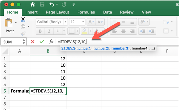 An Excel worksheet with an arrow pointing to the formula where, where the STDEV.S function has been entered followed by number arguments