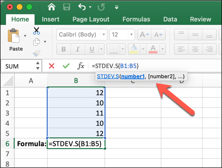 A Microsoft Excel worksheet with =STDEV.S(B1:B5) typed into the formula bar