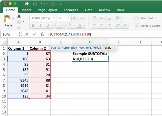 A Microsoft Excel worksheet showing the SUBTOTAL function in usage