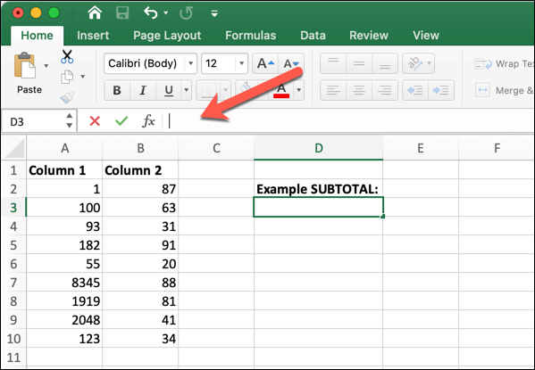 An Excel worksheet showing the blinking cursor in the formula bar