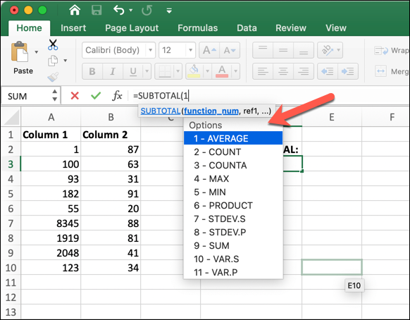 An Excel worksheet with the SUBTOTAL function typed into the formula bar, and the drop-down menu with options displayed