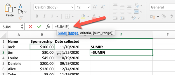 A worksheet in Microsoft Excel with the "SUMIF" formula typed into the formula bar
