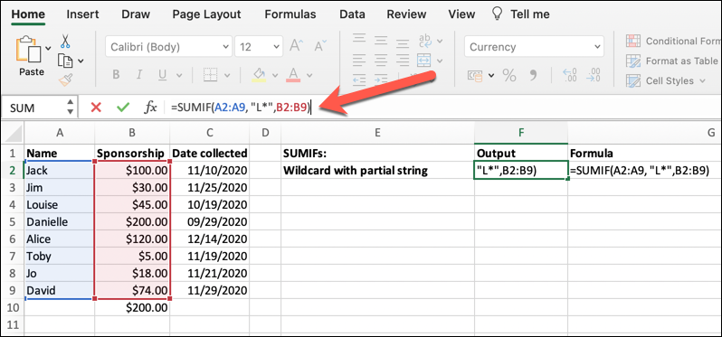 A worksheet in Microsoft Excel with the SUMIF formula being used to determine the sum range