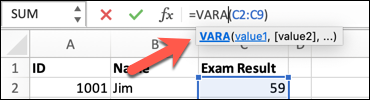 An Excel spreadsheet with the VARA function typed into the formula bar with a range of cells selected
