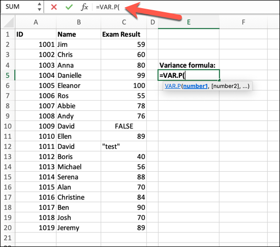 An Excel spreadsheet containing data for student ID, student name, and exam result. The VAR.P formula has been typed into the formula bar