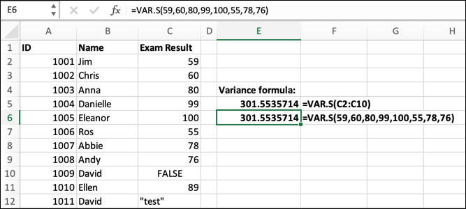 An Excel spreadsheet containing data for student ID, student name, and exam result. The VAR.S formula has been typed into the formula bar