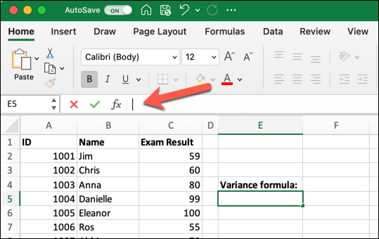 An Excel spreadsheet containing data for student ID, student name, and exam result. A red arrow is pointing to the formula bar, and an empty cell has been selected