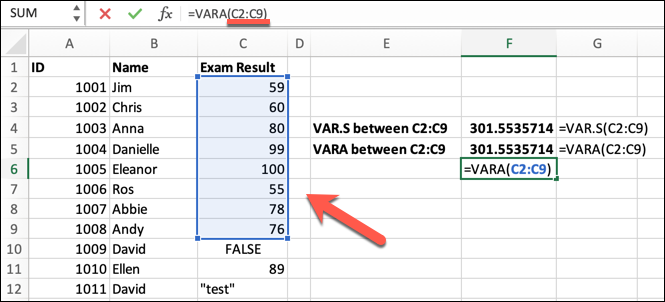 An Excel spreadsheet containing data for student ID, student name, and exam result. The VARA formula has been typed into the formula bar
