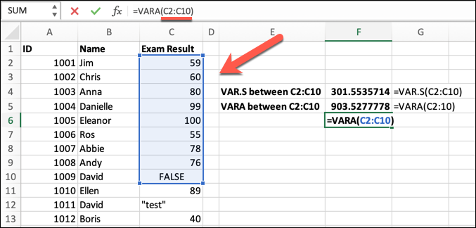 An Excel spreadsheet containing data for student ID, student name, and exam result. The VARA formula has been typed into the formula bar