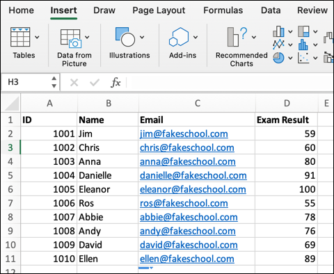 An Excel spreadsheet containing a student class list, with data on student ID numbers, names, email addresses, and their most recent exam results.