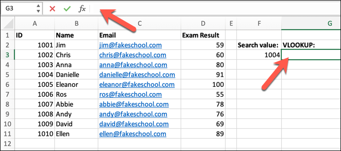 An Excel spreadsheet containing a student class list, with data on student ID numbers, names, email addresses, and their most recent exam results. There is a red arrow pointing to the formula bar, and a red arrow pointing to a selected cell.