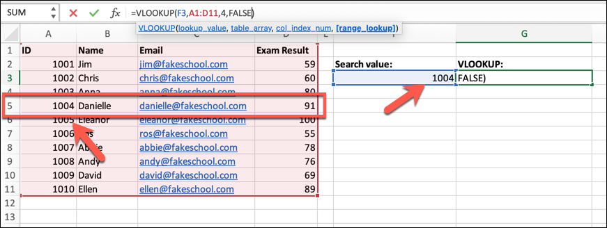 An Excel spreadsheet containing a student class list, with data on student ID numbers, names, email addresses, and their most recent exam results. In this example, the VLOOKUP function has been entered to find a particular value.