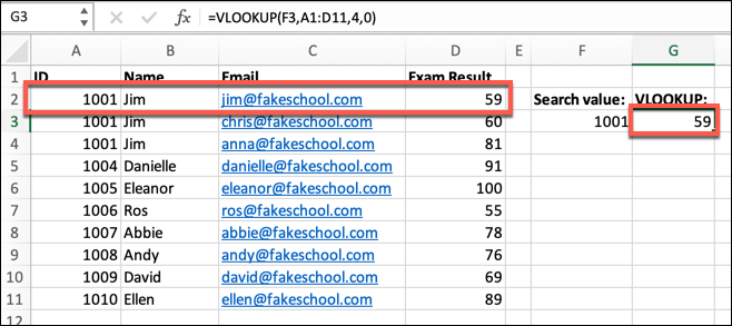 An Excel spreadsheet containing a student class list, with data on student ID numbers, names, email addresses, and their most recent exam results. The VLOOKUP formula has been typed into the formula bar with a specific cell reference and a cell range. A range_lookup argument has been added to the formula.