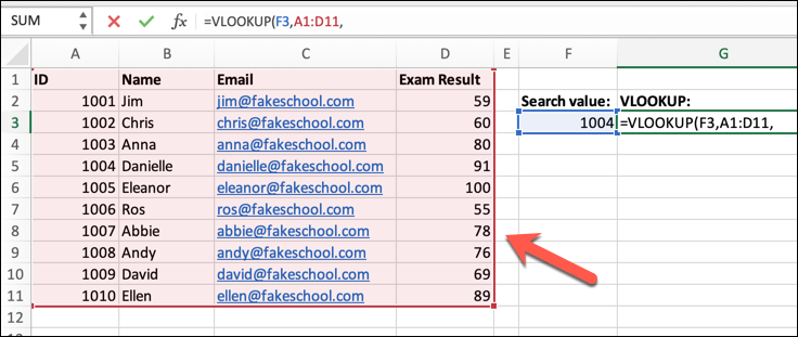 An Excel spreadsheet containing a student class list, with data on student ID numbers, names, email addresses, and their most recent exam results. The VLOOKUP formula has been typed into the formula bar with a specific cell reference and a cell range.