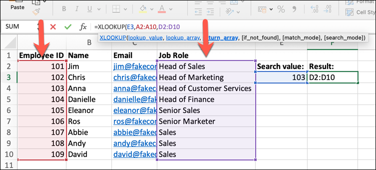 An Excel spreadsheet containing four columns of data: Employee Name, ID, Email Address, and Job Role. The lookup_array and return_array functions have been applied and two columns of data highlighted.