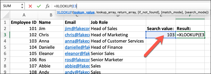 An Excel spreadsheet containing four columns of data: Employee Name, ID, Email Address, and Job Role. An empty cell has been highlighted and the XLOOKUP function typed into the formula bar. The lookup criteria has been set, and a matching data point identified.
