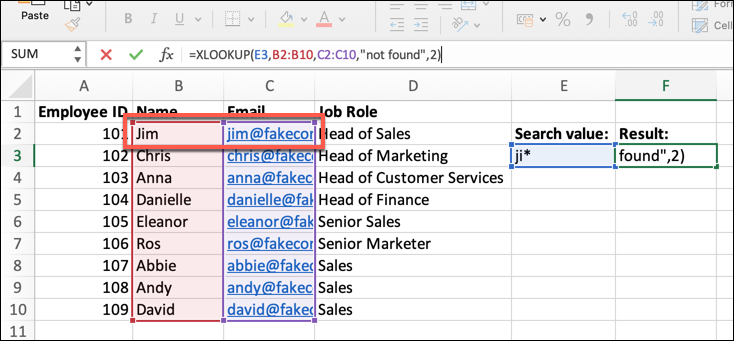 An Excel spreadsheet containing four columns of data: Employee Name, ID, Email Address, and Job Role. In this instance, a match_mode argument has been added to the XLOOKUP formula.