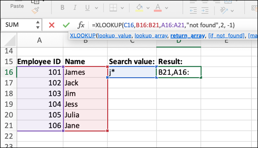 An Excel spreadsheet containing four columns of data: Employee Name, ID, Email Address, and Job Role. In this instance, a wildcard value has been set as the lookup value