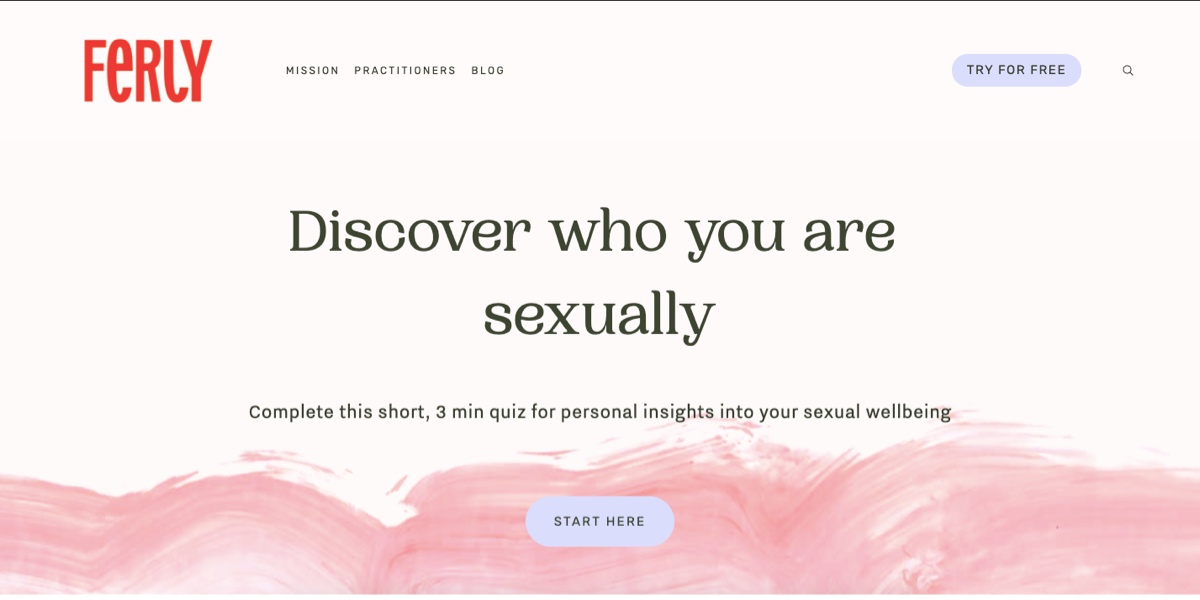 Screengrab of the Ferly homepage, featuring a white and pink background and the text: Discover who you are sexually