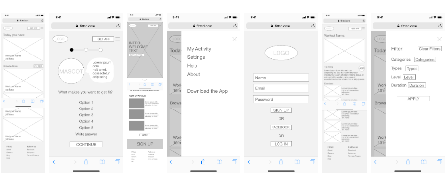 Wireframes created in Sketch for the Fitted app, by Michelle Lock