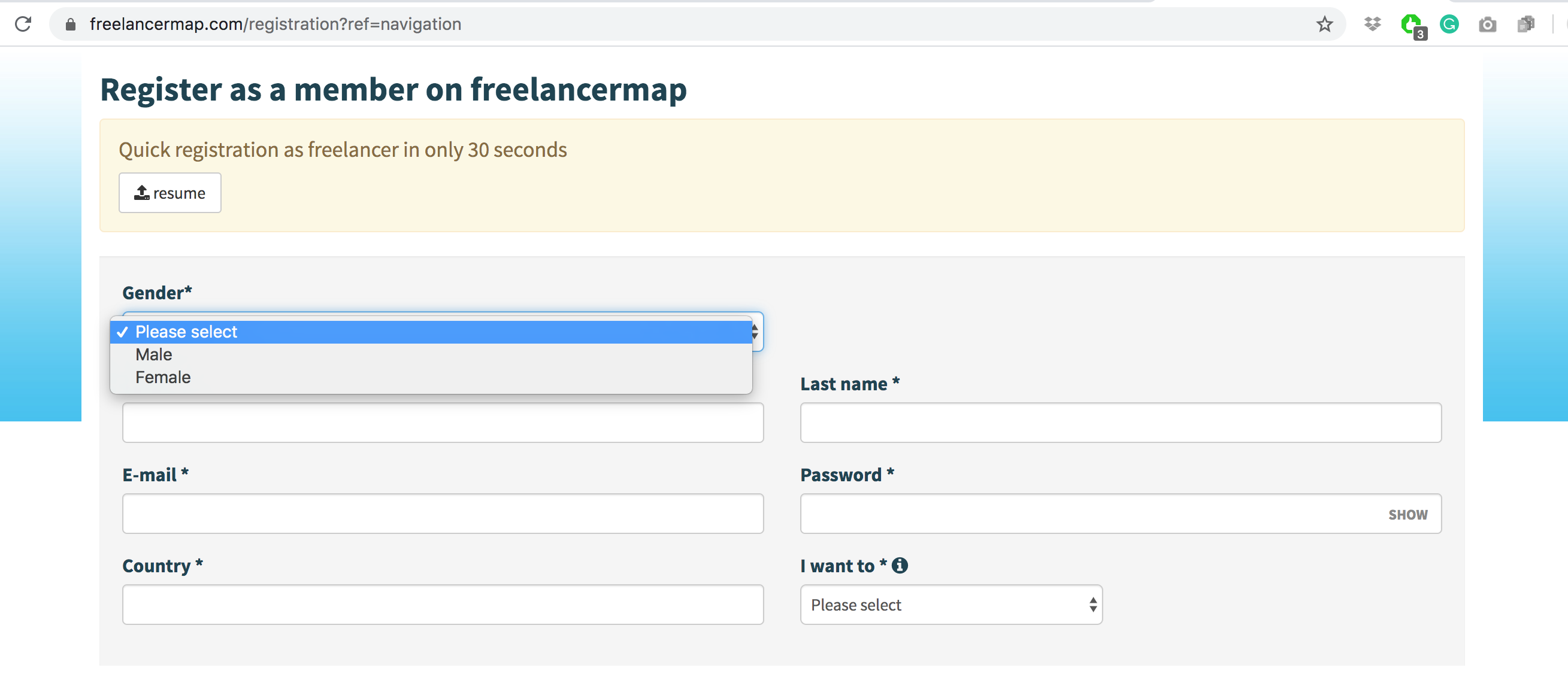 Screenshot from freelancermap. Prompts user for gender and offers options of male and female.