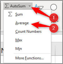 An arrow pointing to the "autosum" dropdown menu in Excel, and another arrow pointing to the "average" item within the dropdown menu