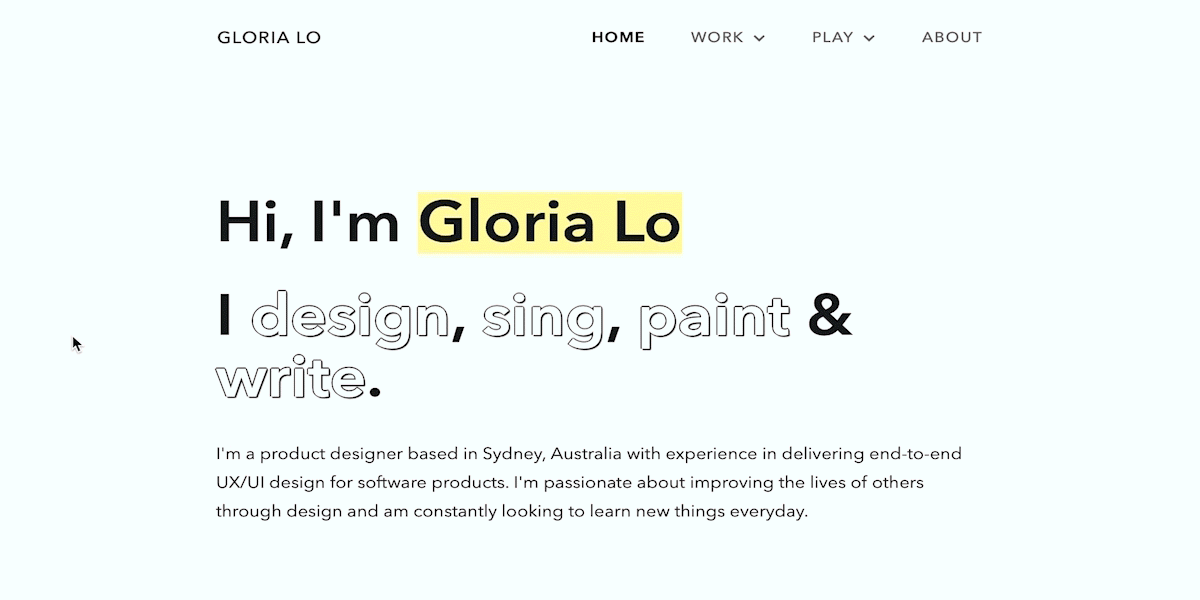 A screenshot from Gloria Lo's UX portfolio homepage