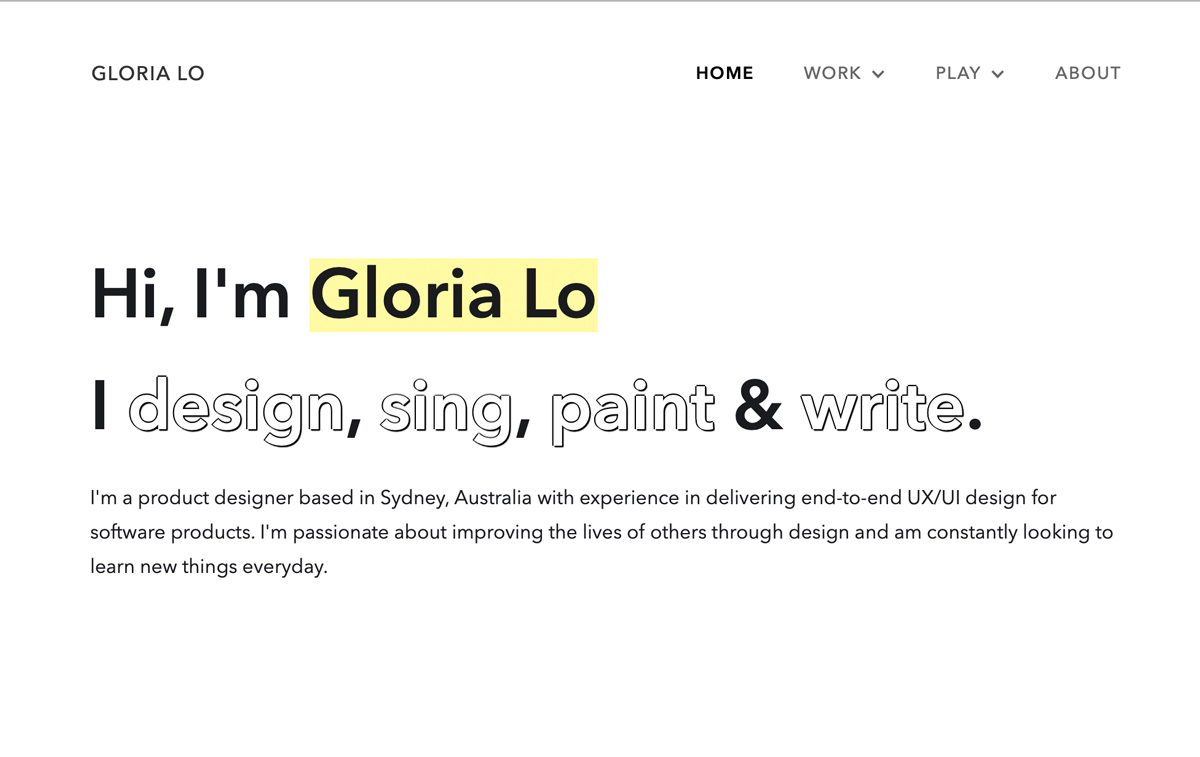Gloria Lo's portfolio landing page (screebgrab)