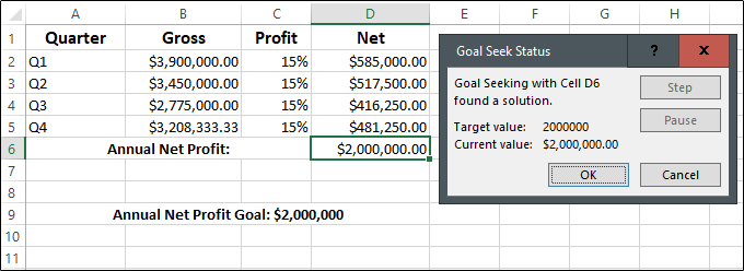 An Excel worksheet showing the Goal Seek function in action