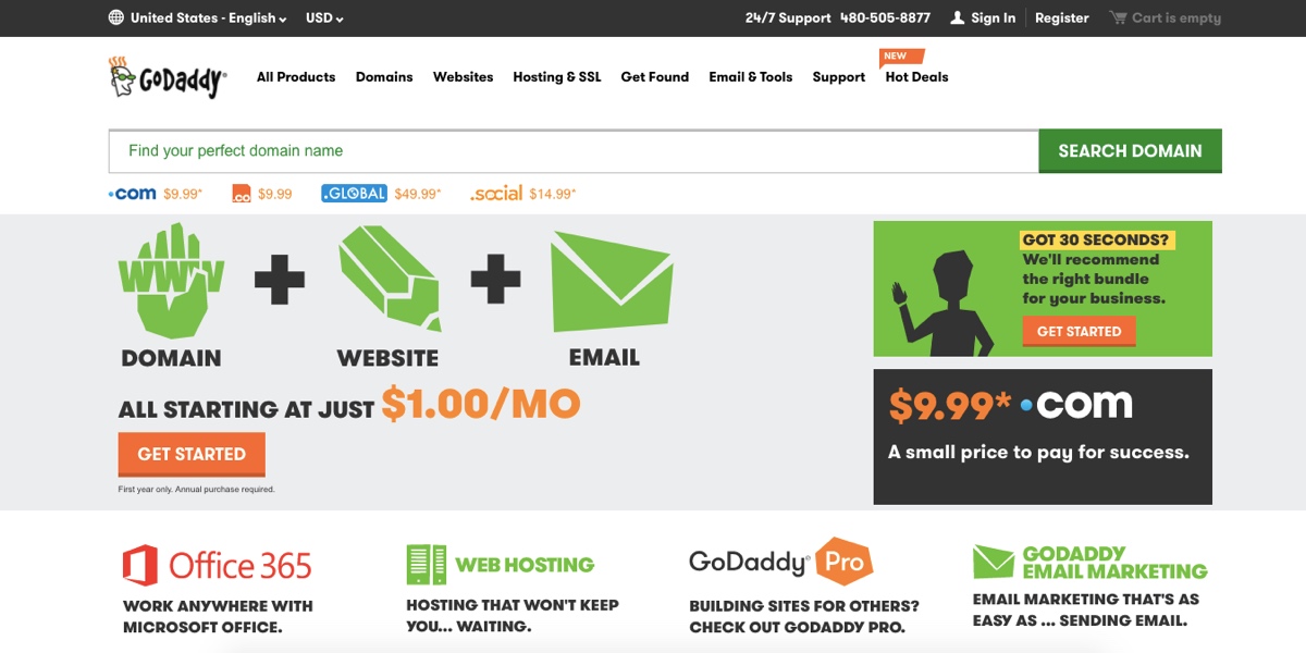 Screenshot of GoDaddy homepage in 2015