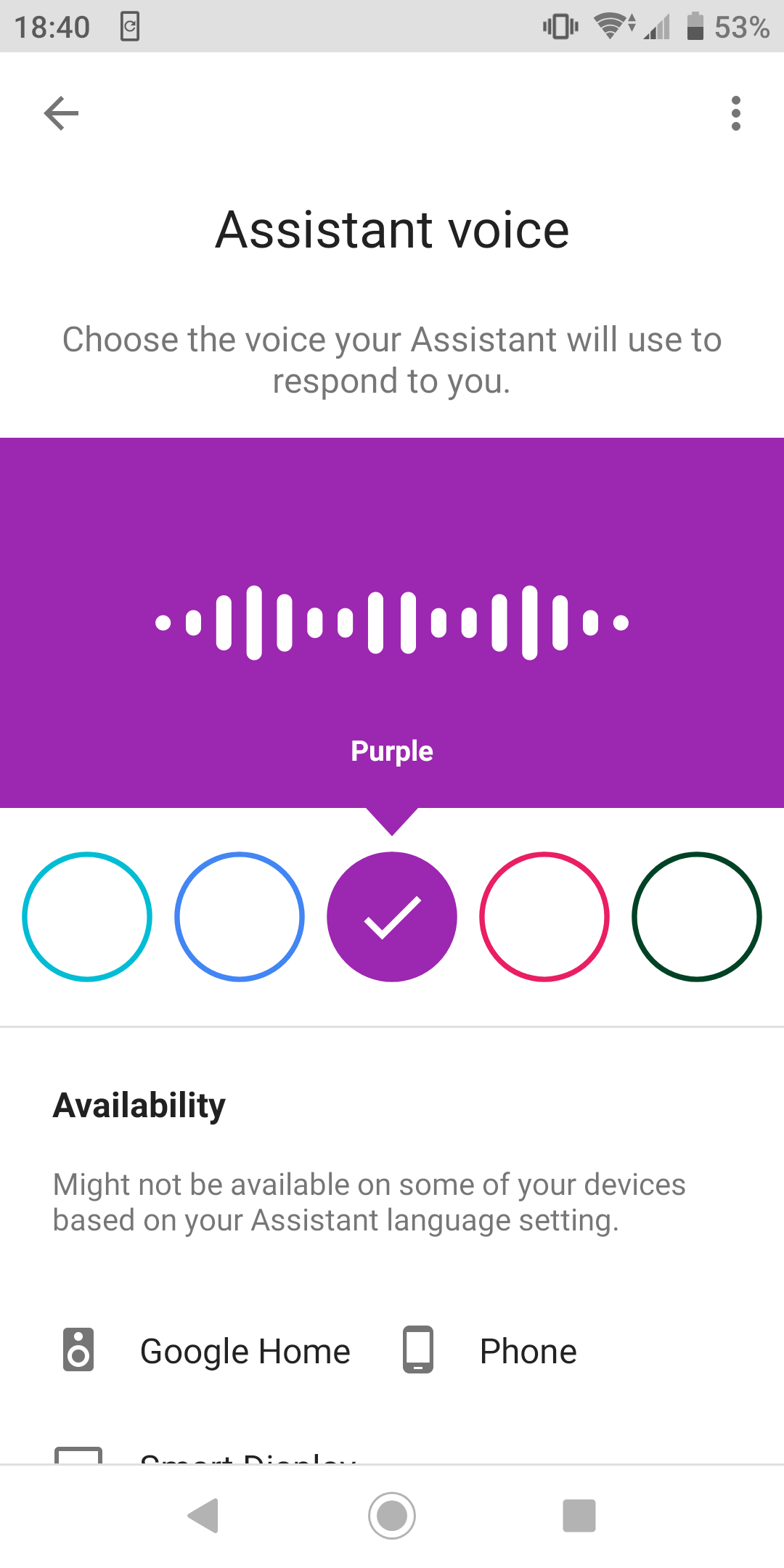 The different voice options for Google Assistant are named after colors instead of using the [nationality]+sex formula used for the naming of Siri’s voices.